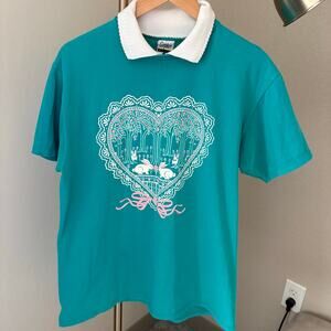 Vintage Gopher Sport Whimsical Rabbits Trees Graphic Collared T-Shirt Large